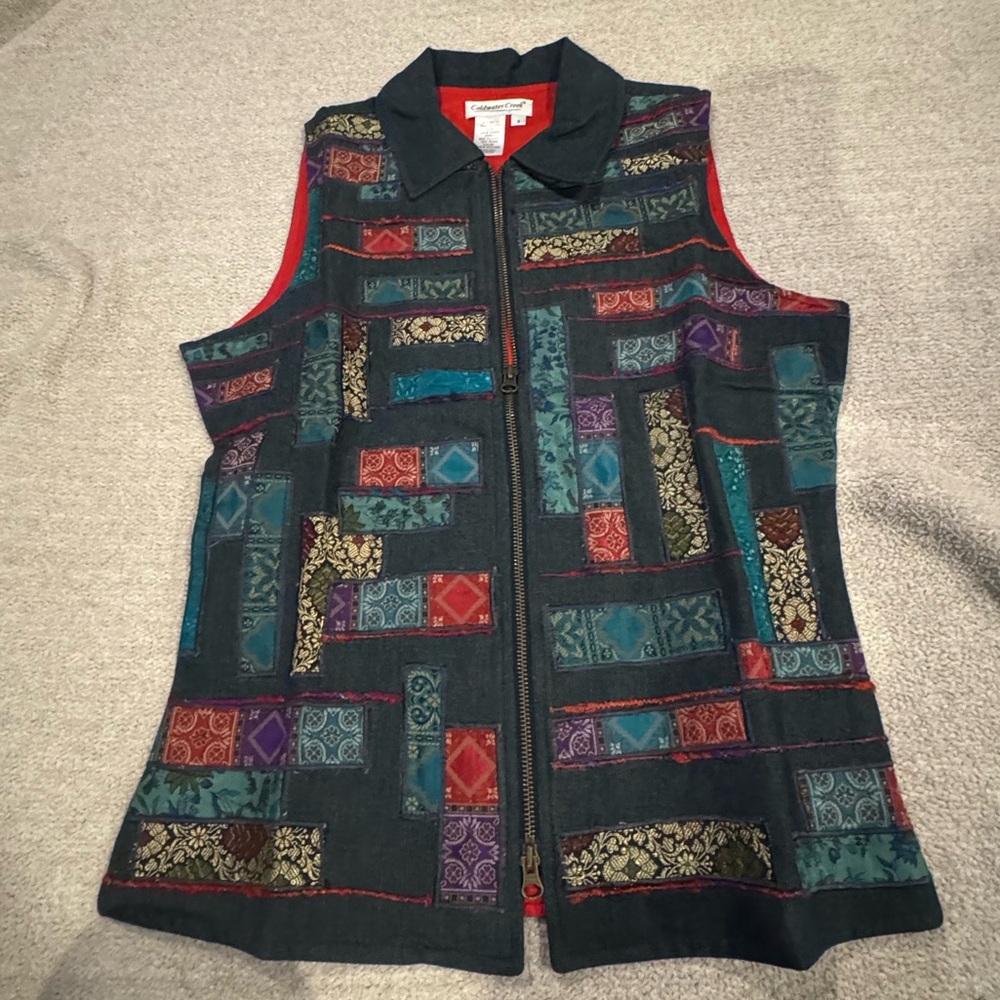 Coldwater Creek Patchwork Tapestry Zip Vest Small Boho Artsy Vintage - Picture 2 of 9